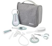 BÉABA Neceser Bebé, Set de Cuidado Recien Nacido, 9 accesorios, Termómetro de baño + Termómetro digital + Aro de dentición + Masajeador de encías + Aspirador nasal para bebés, Azul