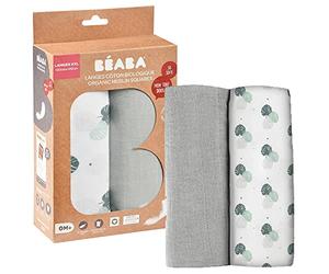 BÉABA, Pack de 2 Muselinas para Bebé, Muselina de algodón orgánico, Multiusos: arrullo, babero, manta, trapito, Ultrasuaves, Transpirables, Grandes, 120cm, Ecológicas y Sanas, Gris/Jungle