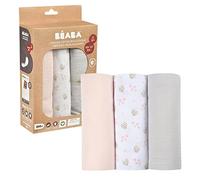 BÉABA, Pack de 3 muselinas para bebé, Muselina de algodón orgánico, Multiusos: arrullo, babero, manta, trapito, Ultrasuaves, Transpirables, Grandes, 70 x 70, Ecológicas y seguras, Motivo Cigüeña