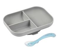 BÉABA Set Comida, Plato Compartimentado de Silicona con Ventosa + Cuchara de Silicona, Adhiere a la mesa/bandeja de la trona, Compatible con el microondas, Gris