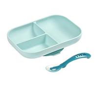 BÉABA Set Comida, Plato Compartimentado de Silicona con Ventosa + Cuchara de Silicona, Adhiere a la mesa/bandeja de la trona, Compatible con el microondas, Azul