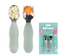 BEABA Set de 2 Cubiertos de Acero Inoxidable y Silicona, Cubiertos para Bebés, Cubiertos para Niños, A partir de 10 Meses, Forma Ergonómica, Mango Ergonómico, Cubiertos para Aprender, Verde Salvia