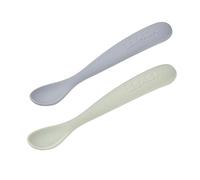 BÉABA, Set de 2 Cucharas de Silicona Bebé/Niño 1ª Edad - Desde 4 Meses, Flexibles - Punta Redonda - Mango Largo y Ergonómico, Estuche de Transporte - Acabado Antipolvo -Guijarro/Verde grisáceo