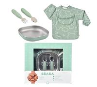 BÉABA, Set de Comida Bebé - Regalo de Nacimiento Completo desde 4 Meses - Plato Inox Microondas, Cubiertos Ergonómicos, Babero con Mangas, Caja Recuerdo - Materiales Saludables/Duraderos, Verde Salvia