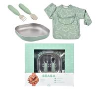 BÉABA, Set de Comida Bebé - Regalo de Nacimiento Completo desde 4 Meses - Plato Inox Microondas, Cubiertos Ergonómicos, Babero con Mangas, Caja Recuerdo - Materiales Saludables/Duraderos, Verde Salvia