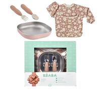 BÉABA, Set de Comida Bebé - Regalo de Nacimiento Completo desde 4 Meses,Plato Inox Microondas, Cubiertos Ergonómicos, Babero con Mangas, Caja Recuerdo - Materiales Saludables/Duraderos,Savannah Bloom