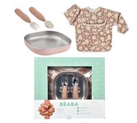 BÉABA, Set de Comida Bebé - Regalo de Nacimiento Completo desde 4 Meses,Plato Inox Microondas, Cubiertos Ergonómicos, Babero con Mangas, Caja Recuerdo - Materiales Saludables/Duraderos,Savannah Bloom