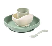 BÉABA, Set de Comida de Silicona para Bebé, Con Ventosa, Antideslizante, 4 Piezas, Plato + Bol + Vaso + Cuchara, Silicona Sana y Duradera, Apto para Lavavajillas, Apto para Microondas, Verde Salvia