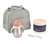 BÉABA, Set de Comida Isotérmica para Bebés y Accesorios, Fiambrera, Termoporciones de Acero Inoxidable 500ml y Vaso con Pajita de Acero Inoxidable 250ml, Cuchara de silicona 2ª edad, Rosa Viejo