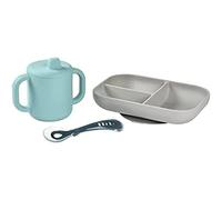 BÉABA, Set de Vajilla de Silicona para Comida de Bebé, Set de Aprendizaje, 3 piezas, Plato Compartimentado + Taza + Cuchara, Silicona Saludable y Duradera, Apto para Lavavajillas, Microondas, Azul