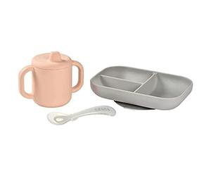 BÉABA, Set de Vajilla de Silicona para Comida de Bebé, Set de Aprendizaje, 3 piezas, Plato Compartimentado + Taza + Cuchara, Silicona Saludable y Duradera, Apto para Lavavajillas, Microondas, Rosa