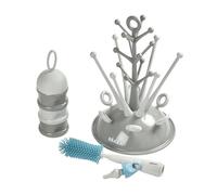 BÉABA - Set para Recién Nacido Unisex, Escurrebiberones forma de árbol Gran capacidad, Dosificador de Leche Apilable, Limpiabiberones de Silicona, Babero bebé 100% Algodón, Motivo Tropical