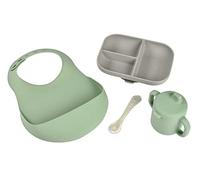 BÉABA Set Vajilla de Silicona para Bebé, Lo Esencial - Babero, Cuchara, Taza, Plato Compartimentado - Verde Salvia/Gris Terciopelo