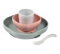 BÉABA, Set Vajilla Silicona Comida Bebé, Con Ventosa, Antideslizante, 4 Piezas, Plato + Bol + Vaso + Cuchara, Silicona Sana y Duradera, Apto Lavavajillas, Microondas, Eucalipto