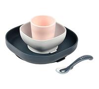 BÉABA, Set Vajilla Silicona Comida Bebé, Con Ventosa, Antideslizante, 4 Piezas, Plato + Bol + Vaso + Cuchara, Silicona Sana y Duradera, Apto Lavavajillas, Microondas, Night Blue