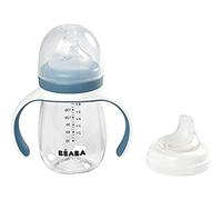 BÉABA Taza de Aprendizaje con Boquilla para Bebe, Biberón 100 % hermético, Taza Antigoteo con pajita, Antiderrame, 2 en 1, Asas extraíbles, Resistente, Tritan y silicona, 210ml, Azul