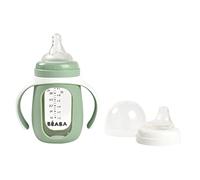 BÉABA, Taza de Aprendizaje para Bebés, Función de Biberón/Taza, cristal y 100% Silicona de, Asas Anchas, Fácil de Sujetar, Ergonómico, Boquilla Suave, verde