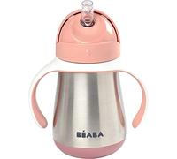 BÉABA Vaso de Aprendizaje con Boquilla para Bebe, Biberón 100 % hermético, Taza Antigoteo con pajita, Antiderrame, 2 en 1, Asas extraíbles, Resistente, Inox, 250ml, Rosa