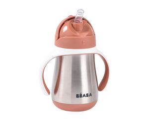 Béaba Vaso de Aprendizaje con Boquilla para Bebe, Biberón hermético, Taza Antigoteo con pajita, Antiderrame, 2 en 1, Asas extraíbles, Resistente, Inox, 250 ml, Terracotta