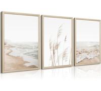 Beach Canvas Wall Art Boho Prints Coastal Beach Pictures Pampas Grass Ocean Poster Plant for Living Room Bedroom Decor(60x90cm x 3/Inner frame)