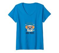 Beach Dog Mom: Lindo Cachorro de Verano en Sombras Camiseta Cuello V, Mujer, Zafiro, M