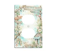 Beach House Rules - Cubierta de pared dúplex para baño, diseño de margaritas rústicas costeras, conchas de verano de plástico turquesa, tamaño estándar, doble toma de corriente, para decoración del