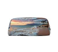 Beach Maui Hawaii Sunset Sea Waves Clouds Printing School Leather Zipper Fountain Rollerball Pen Pouch Pencil Case Holder for Pupil, Gold, Talla única, Neceser de maquillaje