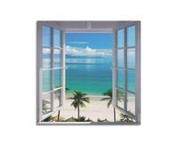 Beach Ocean Palm Trees Window View, póster artístico, lienzo, impresiones artísticas de pared, regalos, fotografía, imagen, pintura, decoración de habitaciones, decoración del hogar, 30 x 30 cm