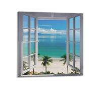 Beach Ocean Palm Trees Window View, póster artístico, lienzo, impresiones artísticas de pared, regalos, fotografía, imagen, pintura, decoración de habitaciones, decoración del hogar 20 x 20 pulgadas