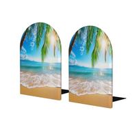 Beach Palm Ocean - Sujetalibros para estantes, 1 par de sujetalibros de madera resistente, soporte de libros decorativo para el hogar, oficina, biblioteca, escuela (17 x 12 cm)