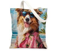 Beach Rough Collie Dog - Bolsa de lona para ir de compras, 13 x 15 pulgadas, divertida bolsa de comestibles reutilizable para mujeres, mascotas, trabajo, viajes, pintura, decoración de regalo