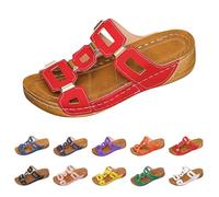 Beach Sandals for Women UK Womens Orthopedic Shoes Comfy Sliders Summer Leather Wedge Sandals Embroidery Flower Low Wedge Open Toe Breathable Slippers Sandals Ladies