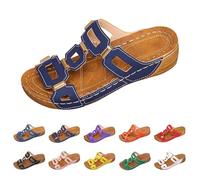 Beach Sandals for Women UK Womens Orthopedic Shoes Comfy Sliders Summer Leather Wedge Sandals Embroidery Flower Low Wedge Open Toe Breathable Slippers Sandals Ladies