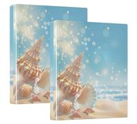 Beach Scene - Carpeta de 3 anillos con diseño de estrellas de mar y conchas de mar de 1 1/2 pulgadas, capacidad para 200 hojas, carpeta de presentación de anillos redondos florales, 12.4 x 10.6 x 2.36