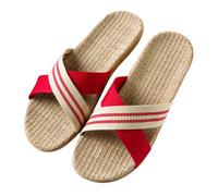 Beach Slippers Women Open Toe Linen House Slippers Breathable Slip On Flat Woven Sliders for Ladies Fashion Summer Straw Sole No Slip Bathroom Sliders for Pool