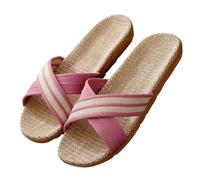 Beach Slippers Women Open Toe Linen House Slippers Breathable Slip On Flat Woven Sliders for Ladies Fashion Summer Straw Sole No Slip Bathroom Sliders for Pool