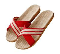 Beach Slippers Women Open Toe Linen House Slippers Breathable Slip On Flat Woven Sliders for Ladies Fashion Summer Straw Sole No Slip Bathroom Sliders for Pool