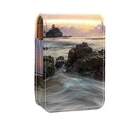 Beach Sunset Nature - Estuche portátil para lápices labiales para viajes, mini caja de almacenamiento de lápiz labial con espejo para mujeres y mujeres, bolsa de cosméticos de cuero, Varios colores, 9.5x2x7 cm/3.7x0.8x2.7 in