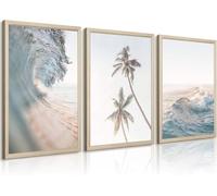 Beach Wall Art Decor Coastal Ocean Poster Palm Tree Canvas Wall Decor Blue Waves Prints for Bedroom Living Room(50x70cm x 3/Sin marco)