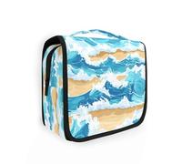 Beach Waves - Bolsa de maquillaje azul con gancho para colgar, bolsas de cosméticos portátiles para mujeres con compartimentos y asa