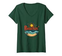 Beachin' Summer Vibes Tropical Paradise Camiseta Cuello V, Mujer, Verde Bosque, L