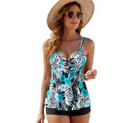 BEACHKINI Femme Tankini, Maillot de Bain Deux pièces, Maillot de Bain Sport, Gilet Double épaule Jupe Top Avec Short, Fleurs Noires Vertes, EU48
