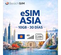 BeachSIM eSIM Asia 30 Días. 10GB de Datos a velocidades 4G/5G. Solo Datos SIM. Roaming Gratuito en Indonesia, Filipinas, Tailandia y más de 9 países de Asia.