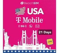 BeachSIM eSIM USA. Datos ilimitados, Llamadas y Mensajes Locales en la Red T-Mobile. Activación rápida y Recarga Sencilla. Funciona en Dispositivos compatibles con eSIM. Válida por 21 días.