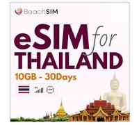 BeachSIM Tailandia eSIM 30 días. 10GB de Datos prepagados a velocidades 4G/5G. Activación rápida. Recarga fácil. Funciona en Dispositivos compatibles con e-SIM.