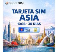 BeachSIM Tarjeta SIM Asia 30 días. 10GB de Datos a velocidades 4G/5G. Tarjeta SIM Solo para Datos. Roaming Gratuito en Indonesia, Filipinas, Tailandia y más de 9 países de Asia.