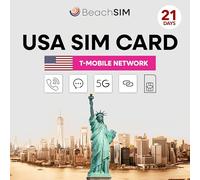 BeachSIM Tarjeta SIM para USA por 21 días. Datos 5G ilimitados, Llamadas y SMS.Red T-Mobile. Compatible con iOS y Android.