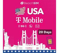 BeachSIM Tarjeta SIM USA por 20 días. Datos 5G ilimitados, Llamadas y SMS.Red T-Mobile. Compatible con iOS y Android.