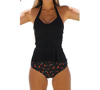 Beachsissi Traje de baño de dos piezas de cintura alta para mujer con estampado de cereza, cuello halter control de barriga acolchado Tankini conjuntos, Negro, M
