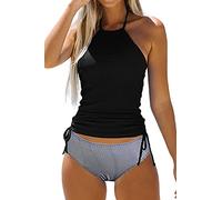Beachsissi Traje de baño de dos piezas para mujer con cordón acolchado lateral traje de baño halter estampado leopardo conjuntos tankini, a rayas, M